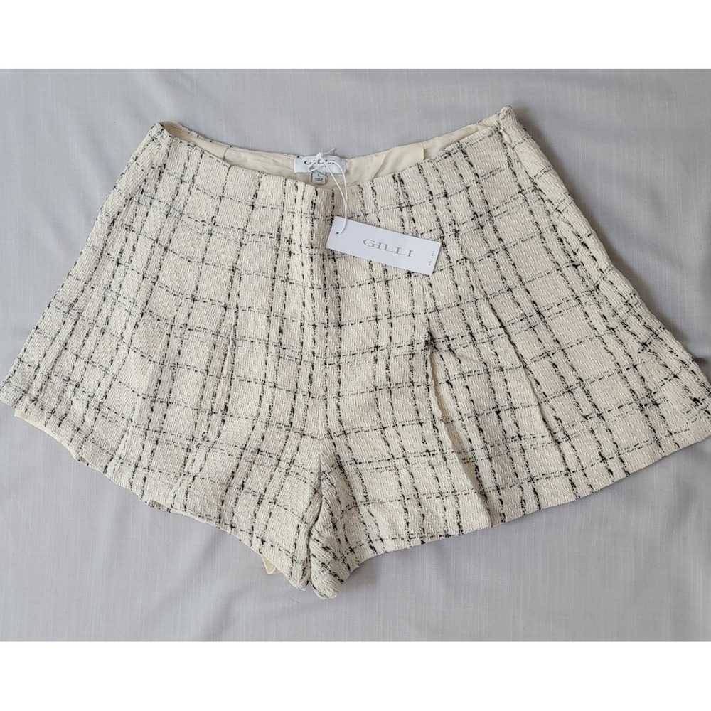 Gilli Tweed Plaid Pleated Shorts Cream Black High Waist Side Zip JP2527 Lrg NWT